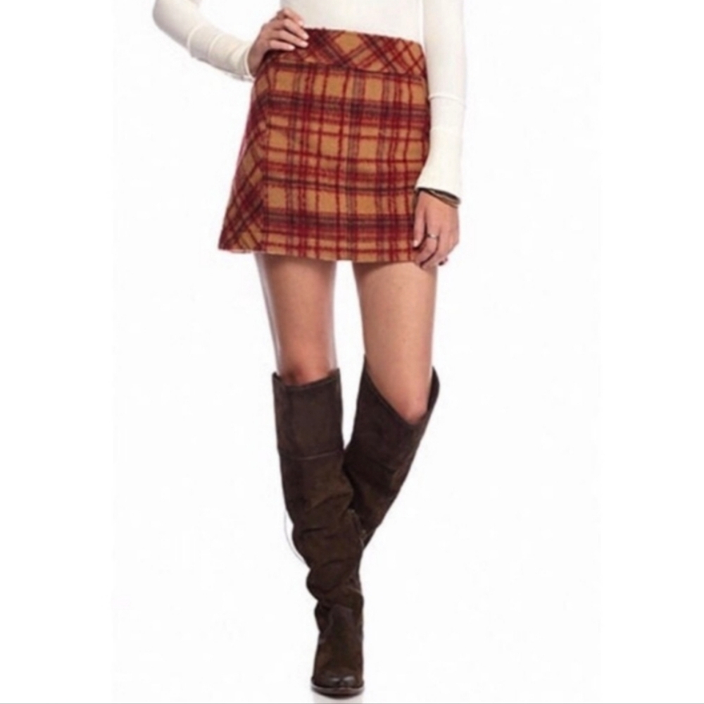 Free People Zip It Plaid Wool A-Line Mini Skirt Cherry Camel